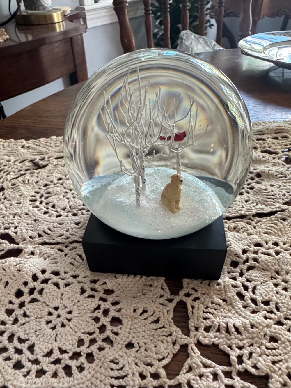 Glass Winter SnowGlobe with Labrador White Trees, Red cardinal Bird & Black Base